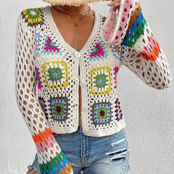 White Boho Womens Floral Pattern Hollow Out Flounce Sleeve Cardigan - Picture 5 of 5